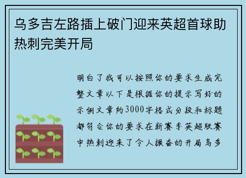 乌多吉左路插上破门迎来英超首球助热刺完美开局 乌多吉左路插上破门迎来英超首球助热刺完美开局
