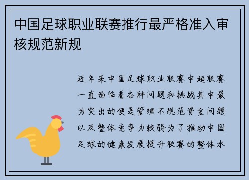 中国足球职业联赛推行最严格准入审核规范新规 中国足球职业联赛推行最严格准入审核规范新规